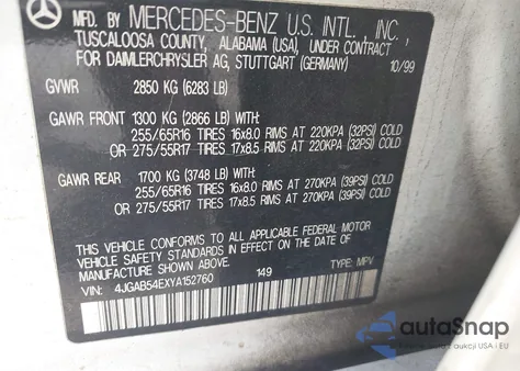 2000 Mercedes-Benz Ml 320 z USA, uszkodzony, nr VIN 4JGAB54EXYA152760